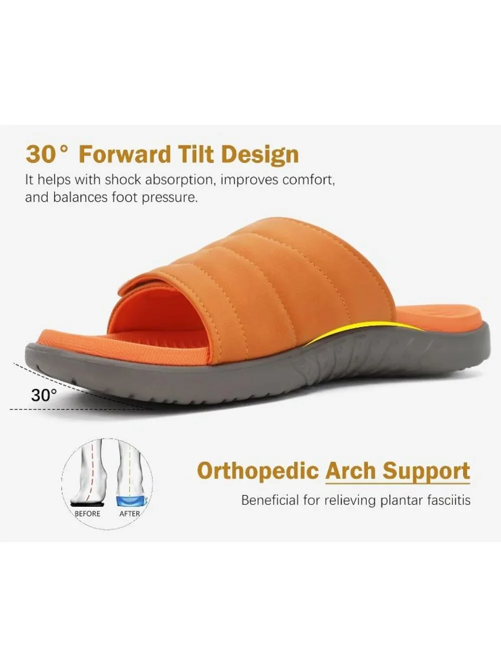 Men's Grey And Orange Orthotic Plantar Fasciitis Open Toe Athletic Sandal Shoes